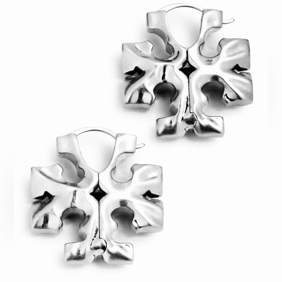 Tory Burch Jewelry - TORY BURCH SILVER ROXANNE HIDDEN HUGGIE LOGO HOOP EARRINGS